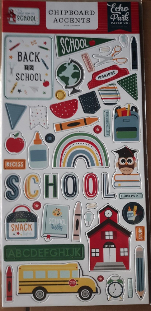 Echo Park Chipboard Accents ~First Day of School~Large 6″X 13″~ School House~Bus