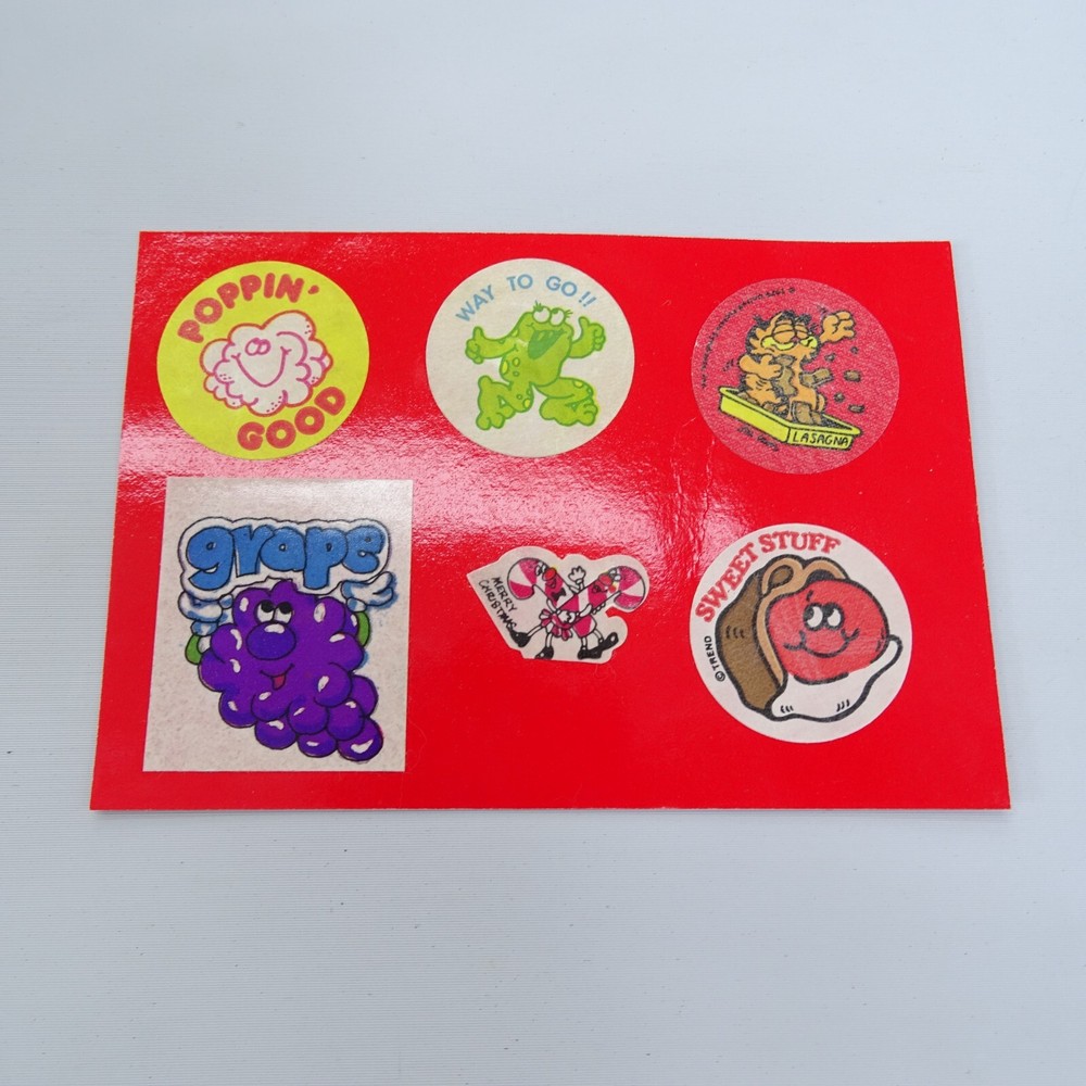 Vintage 80s STICKER Collection Album Scratch n Sniff Card Popcorn Garfield 1980s