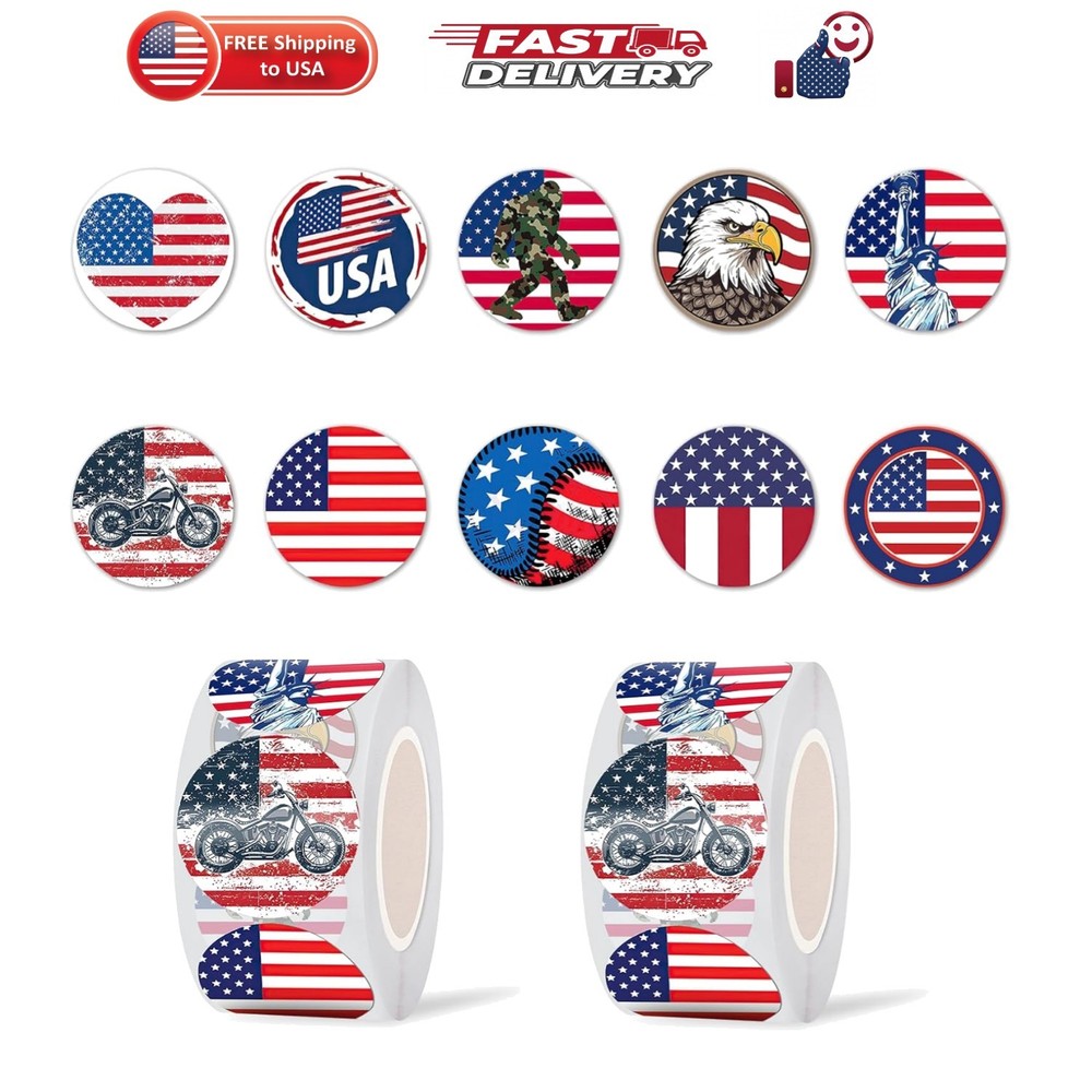 American Flag 4th of July Dot Stickers Roll500 x 2 pcs,1 in | Patriotic Flag…