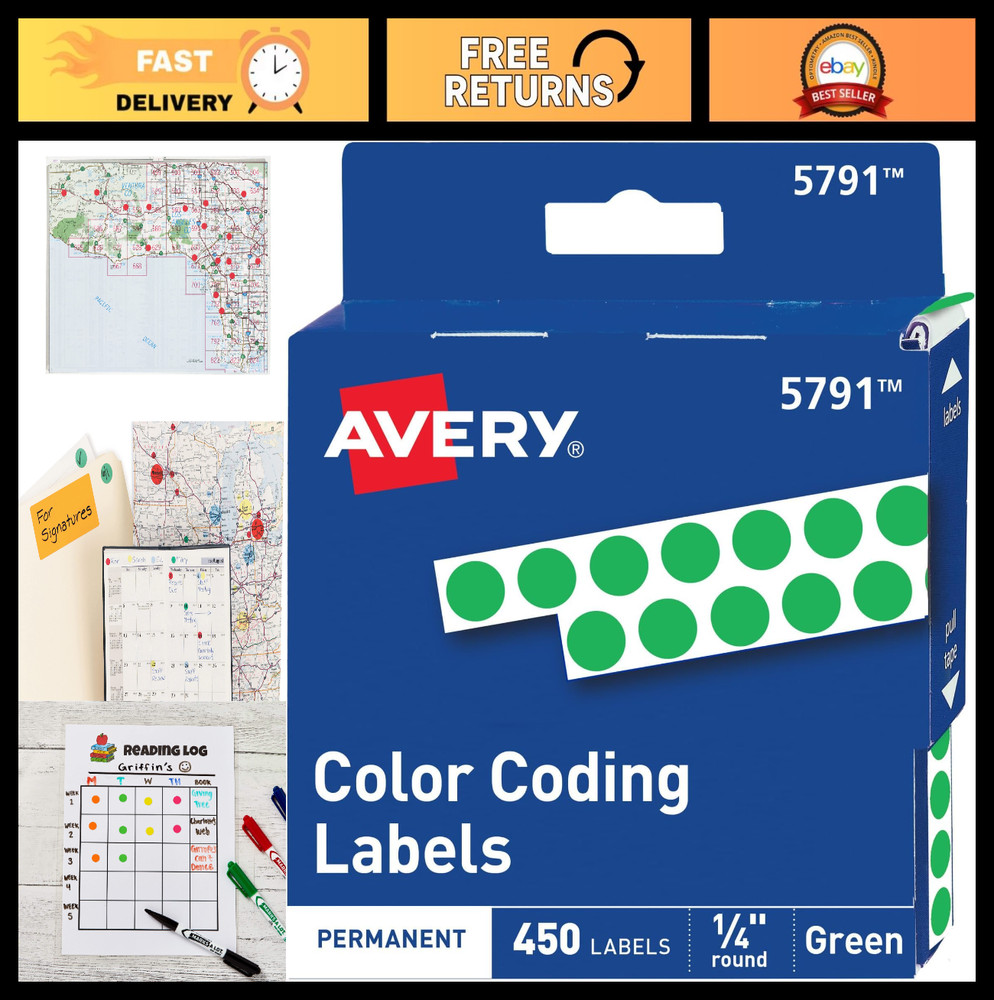 Color-Coding Permanent Labels, 1/4″ Round Green Stickers, 450 Dots, Non-Printabl