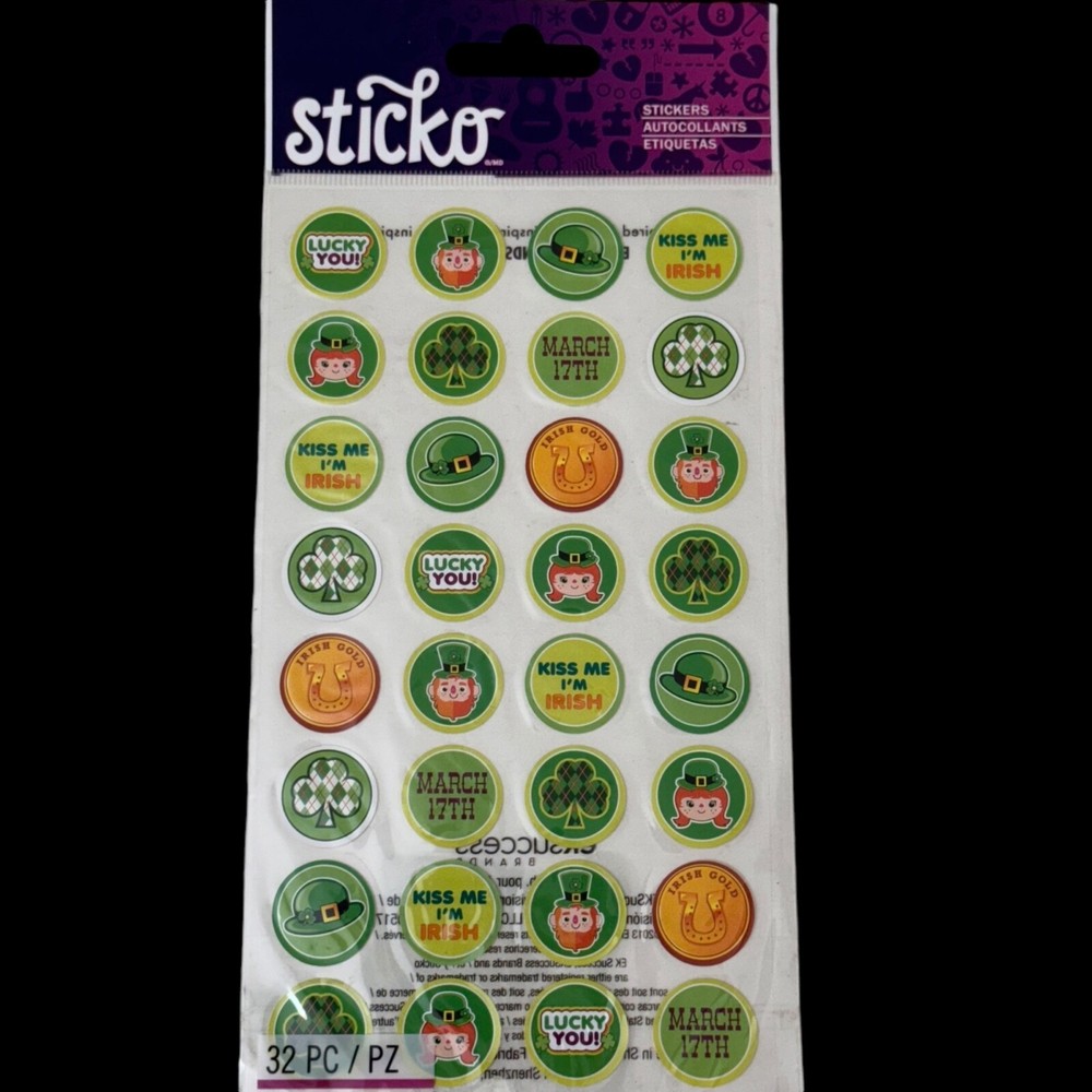Sticko Stickers ST PAT’S KISS SEALS Irish St. Patrick’s Day 32 Pc Scrapbooking