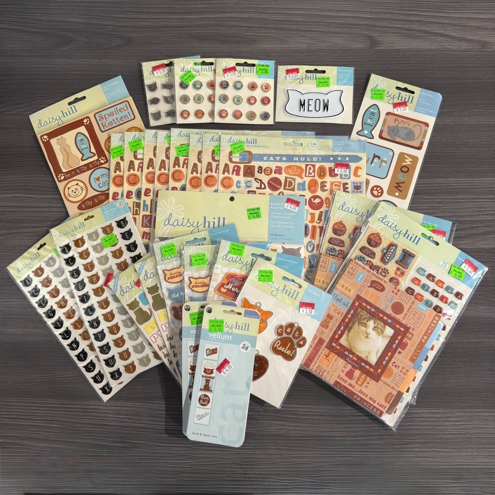 Daisy Hill Cats Meow Scrapbook Lot Stickers Paper Pad Brads Metal Accents 25+pcs