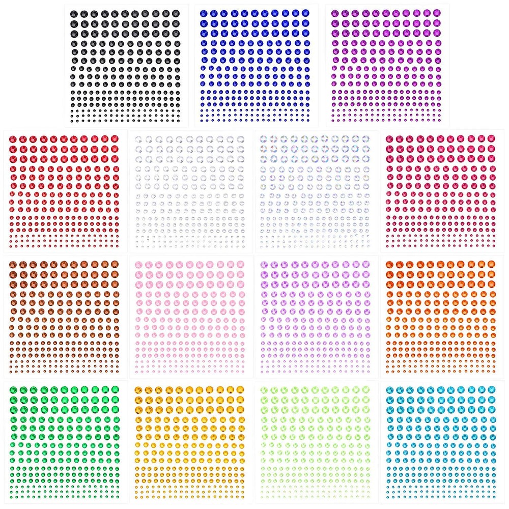 Self-Adhesive Rhinestone Sticker 3375 Pieces Crystal in 5 Size 15 Colors Blin…