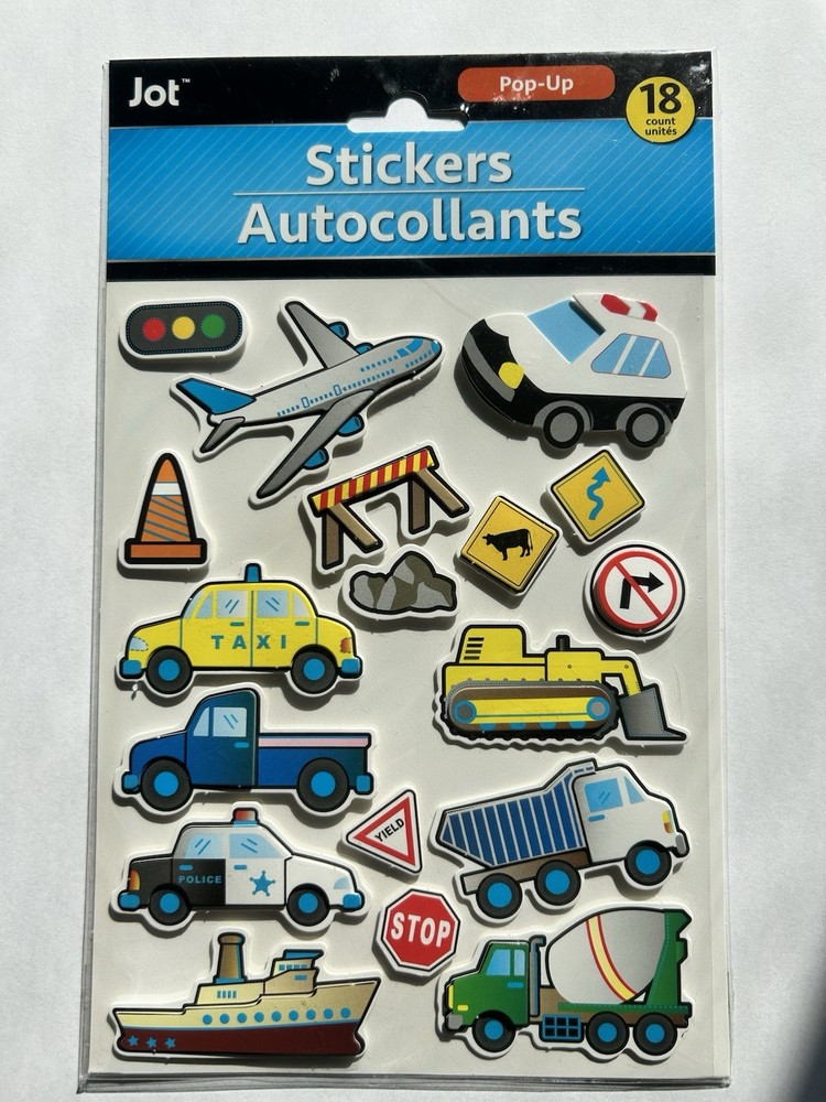 JOT Pop-Up Stickers Vehicles Transportation Cars Trucks Plane Taxi Police 18ct