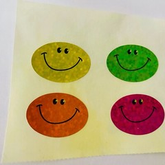 Vintage 1990 Rainbow Star Happy Smiley Face Glitter Foil Stickers, 6 pc.