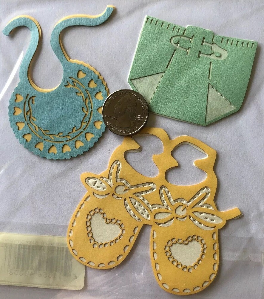 BABY CLOTHES Laser Overlay Die-Cuts(3pc)DCWV•Booties•Bib•Diaper •Newborn•Hearts