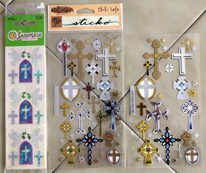 Vintage Lot SANDYLION / STICKO Religious Stickers: Stained Glass, Doves, Crosses