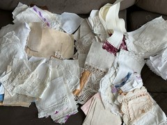 Vintage Lace Attached White Ivory Off White Fabric Scraps Slow Stitching – 20