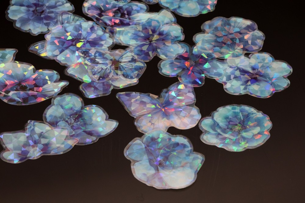 Crystal Flower PET sticker | flower blue butterfly holographic themed PET