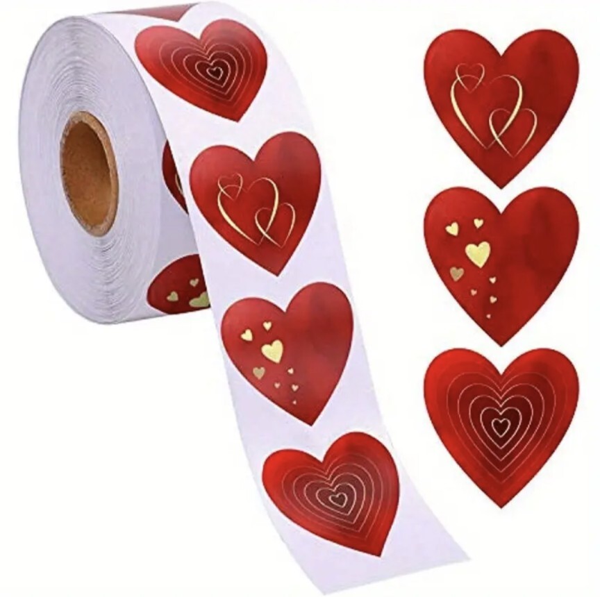 500 pcs Sticker Seals Roll Red Heart Theme «Mock Gold» Semi Gloss Self Adhesive