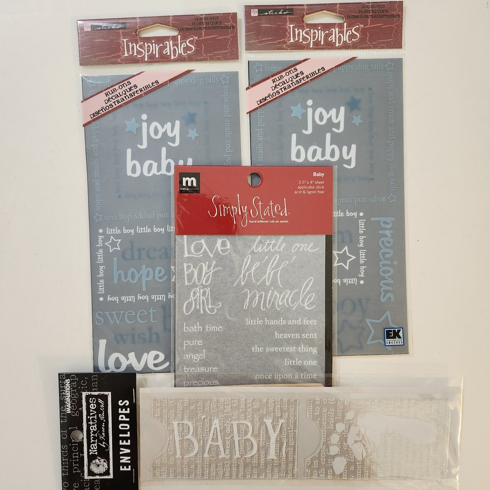 NEW 4 Pkgs Rub-Ons BABY White Blue Words Footprint Inspirables Making Memories-Z