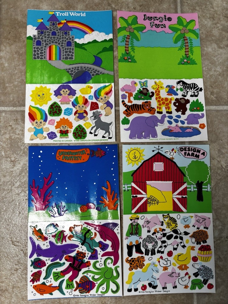 VTG Lot Of 4 Sandylion Maxi Activity Sticker Sheet jungle Underwater Troll Farm
