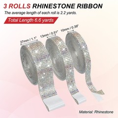 3 Rolls 6.6 Yards 3 size Crystal Rhinestones Ribbon for Crafts AB Color