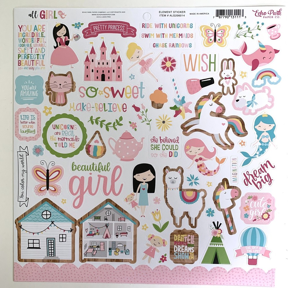 (1) 12×12 Sheet of Echo Park Paper ALL GIRL Scrapbook Element Stickers