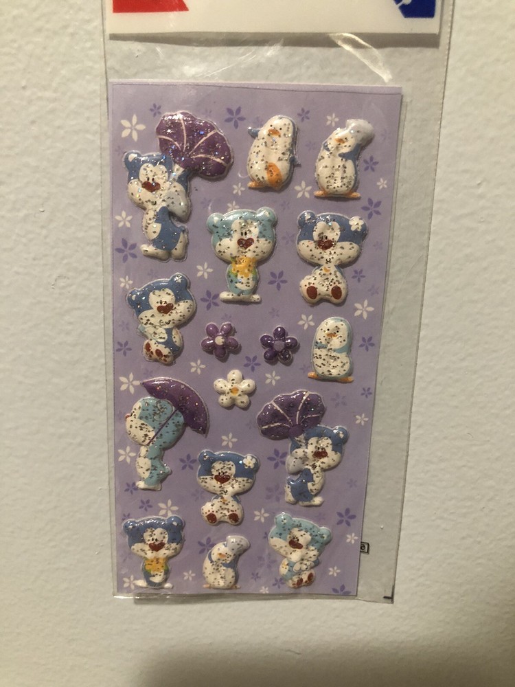 Morning Glory Blue Bear Glitter Puffy Sticker Sheet Kawaii Htf
