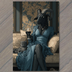 STICKER Goat Woman Blue Dress Wine Glass Cat Couch Baroque Wallpaper Horns