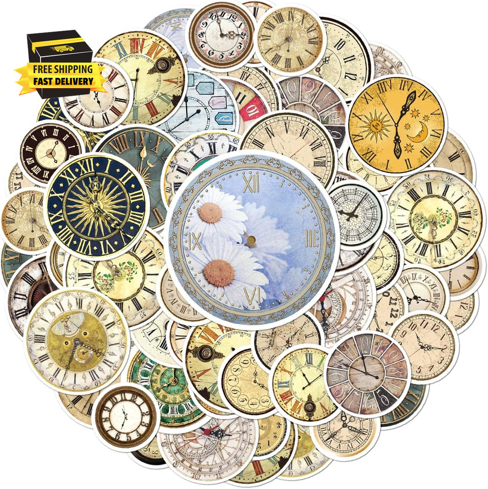 Vintage Clock Face Stickers Pack 50Pcs Waterproof Vinyl for Scrapbooking Journal
