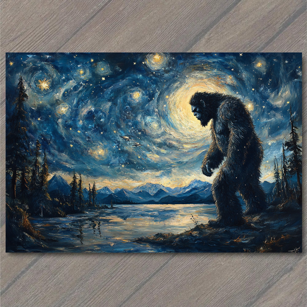 STICKER Bigfoot Under Starry Sky Majestic Night Scene Lake Forest Mountains