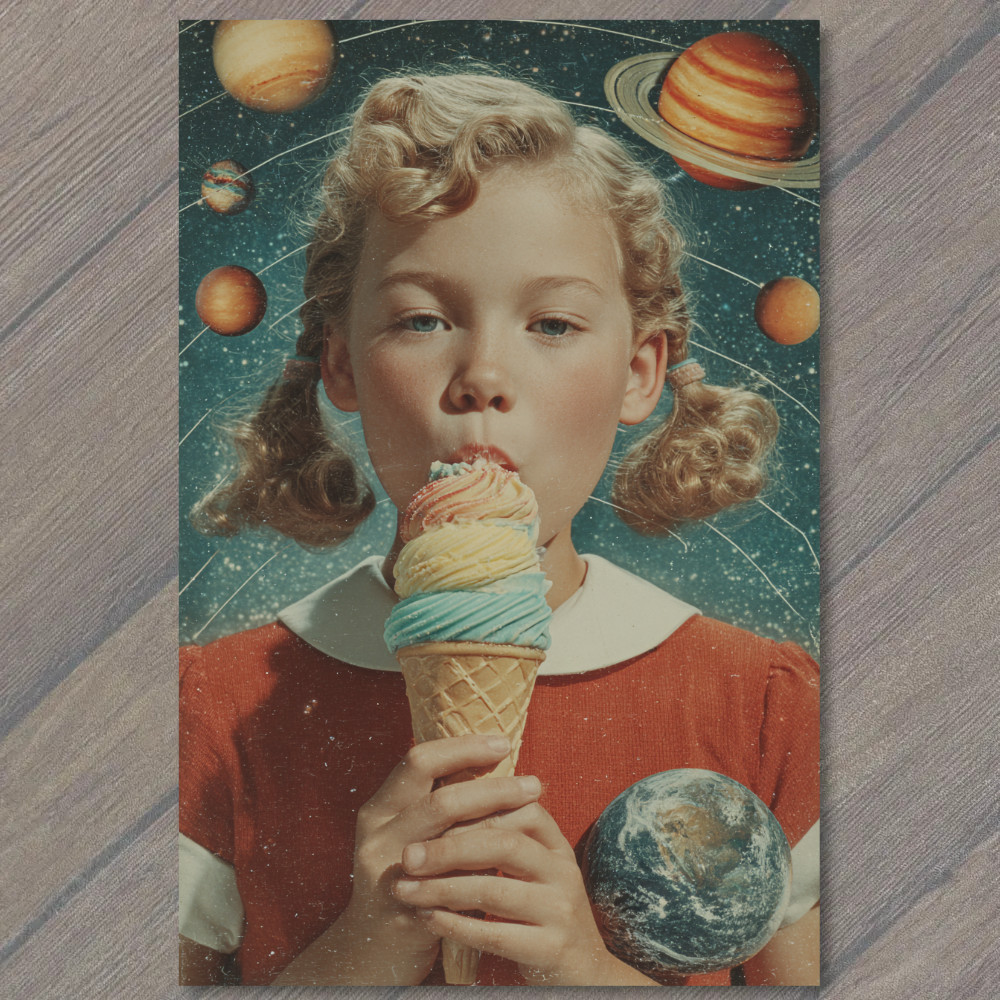 STICKER Surreal Retro Girl Galaxy Planets Earth Cone Ice Cream