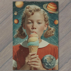 STICKER Surreal Retro Girl Galaxy Planets Earth Cone Ice Cream