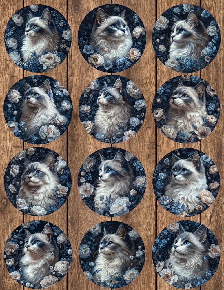 Floral Kitten Circle Die Cut Vinyl Stickers Set Scrapbooking Laptop Waterbottle