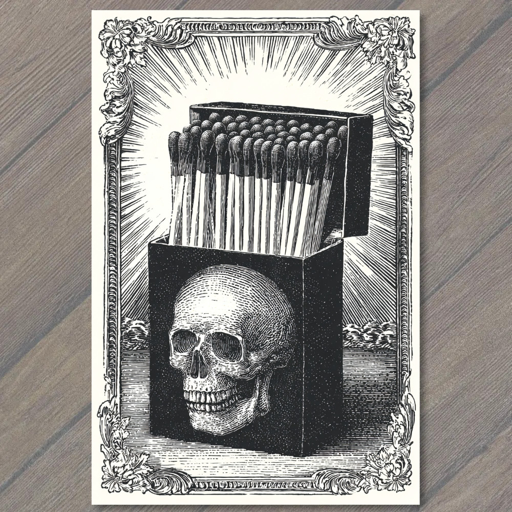 STICKER Skull Matchsticks Gothic Creepy Death Bones Box Etching Black Horror