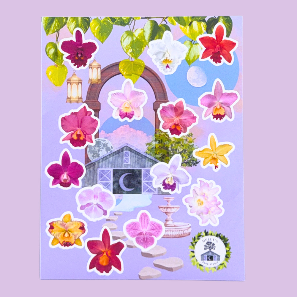 Cattelya Orchid Flower Sticker Sheet, Tiny Rare Cute Vinyl Decals, For Notebook