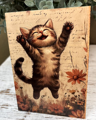 Set Of 2 Junk Journal Art Cards HAPPY CATS Scrapbook Card Topper Crafts