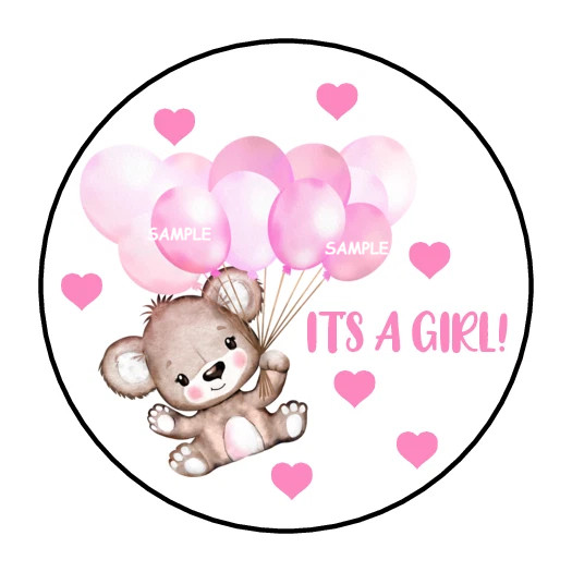 IT’S A GIRL TEDDY BEAR ENVELOPE SEALS LABELS STICKERS 1.5″ (30) PINK HEARTS