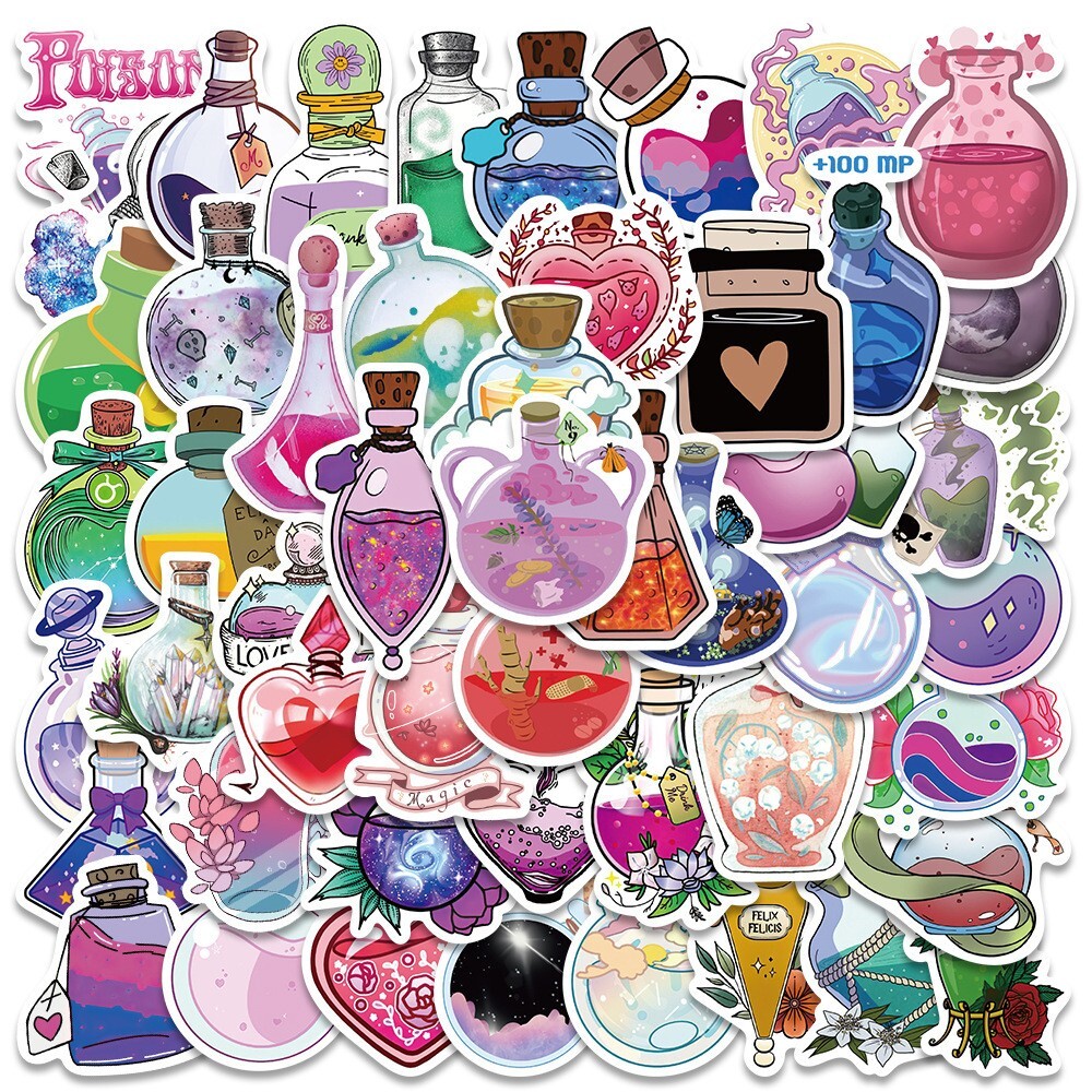 50pcs Potion Jar Stickers, Magic Beverage Drink Tube Poison, Waterproof, 216