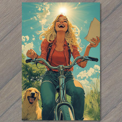 STICKER Woman Riding Bike Pack Dogs Forest Trail Blonde Smiling Outdoors