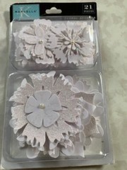 MARCELLA WEDDING FLORAL ACCENTS CARDBOARD W/ PEARLS WHITE GLITTER FLORAL 21 PCS