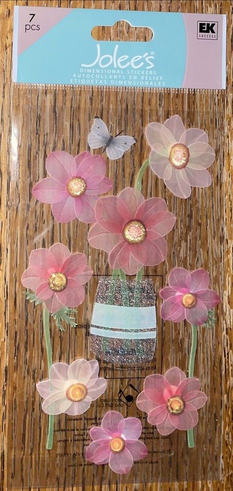 RARE JOLEES PINK FLOWERS Jar Vase Butterflies W/ Gems 3D Card Scrapbook STICKERS