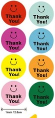 48 Happy Smily THANK YOU Round Stickers 8 Colors Gift Stickers 1”
