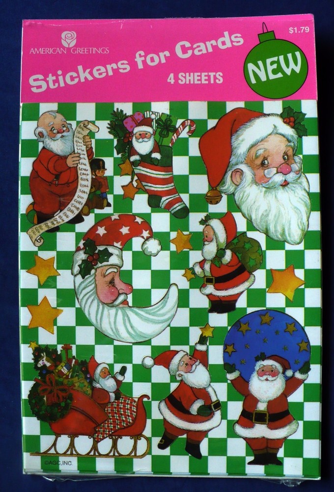 VINTAGE AGC SANTA CLAUS STICKERS 4 SHEETS 48 STICKERS NIP SLED LIST GIFT BAG