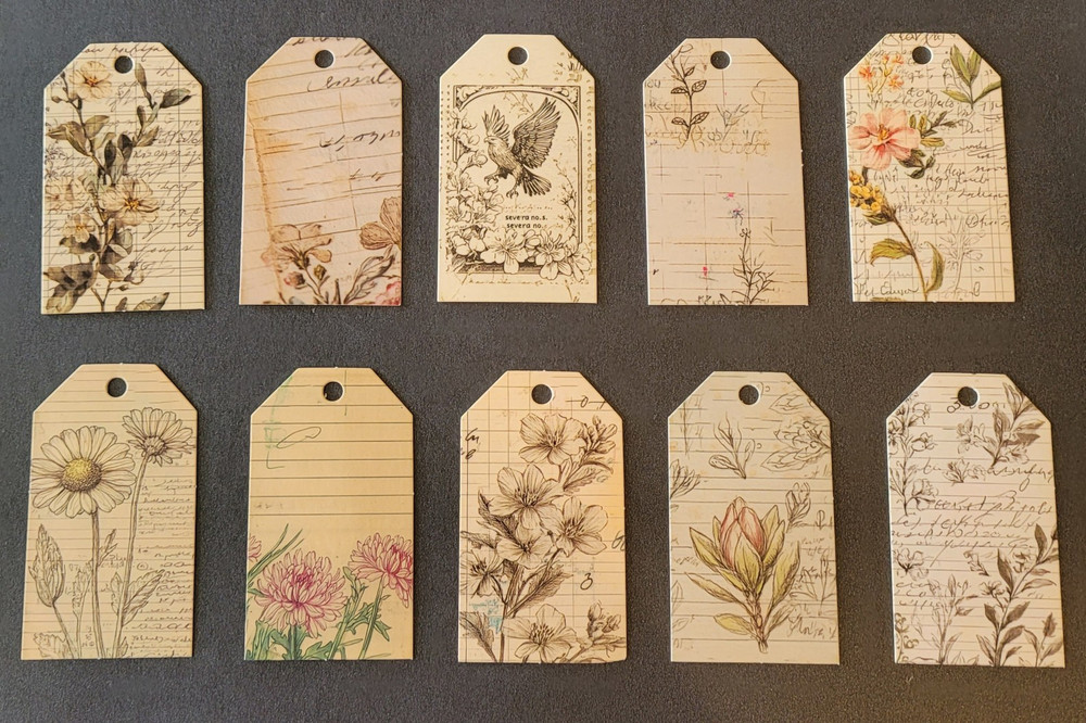 10pc Floral Botanical Design Paper Printed Tags for Gifts, Journal, Ephemra