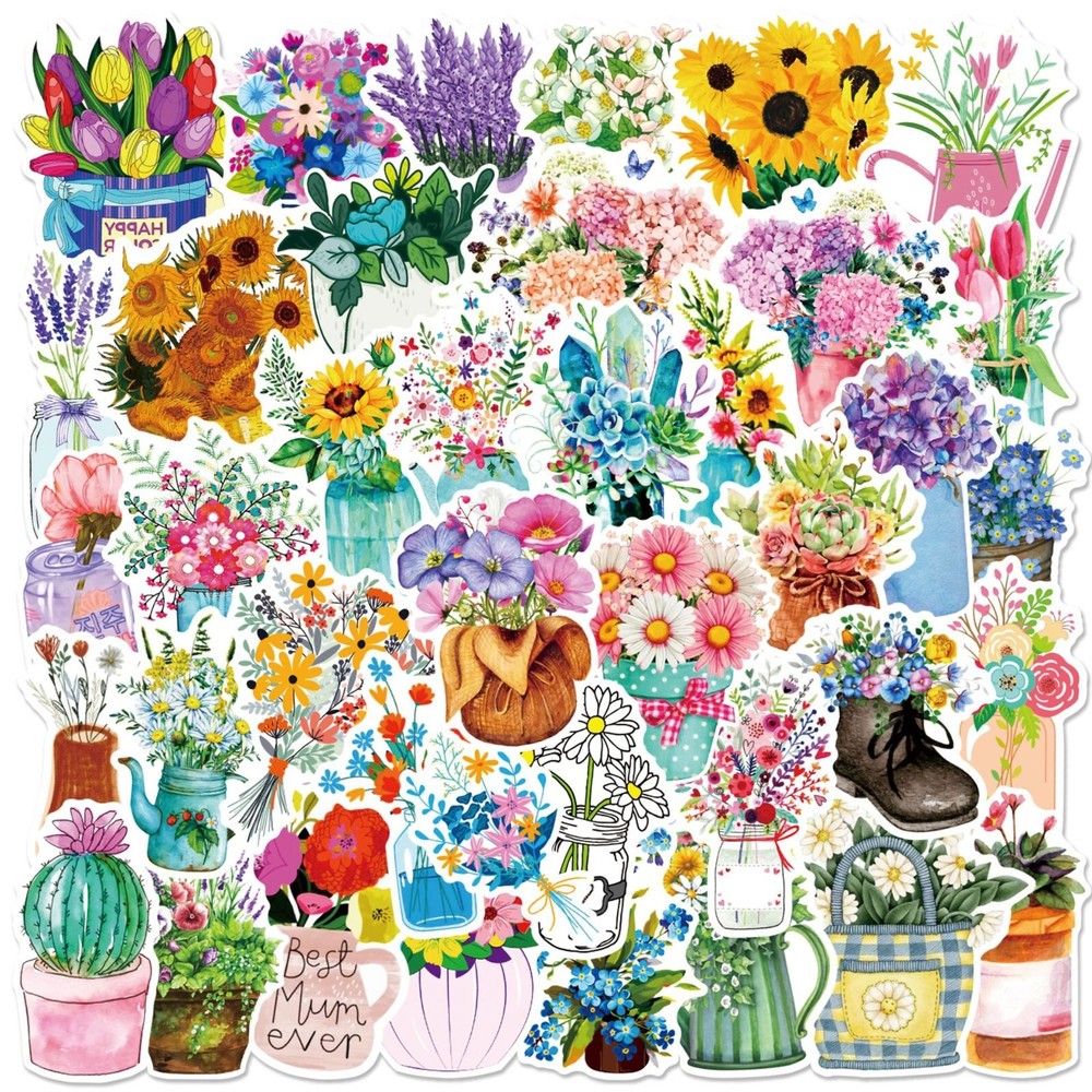50pcs Retro Flower Stickers, Rose Lily Plants Leaf Stickers, 205