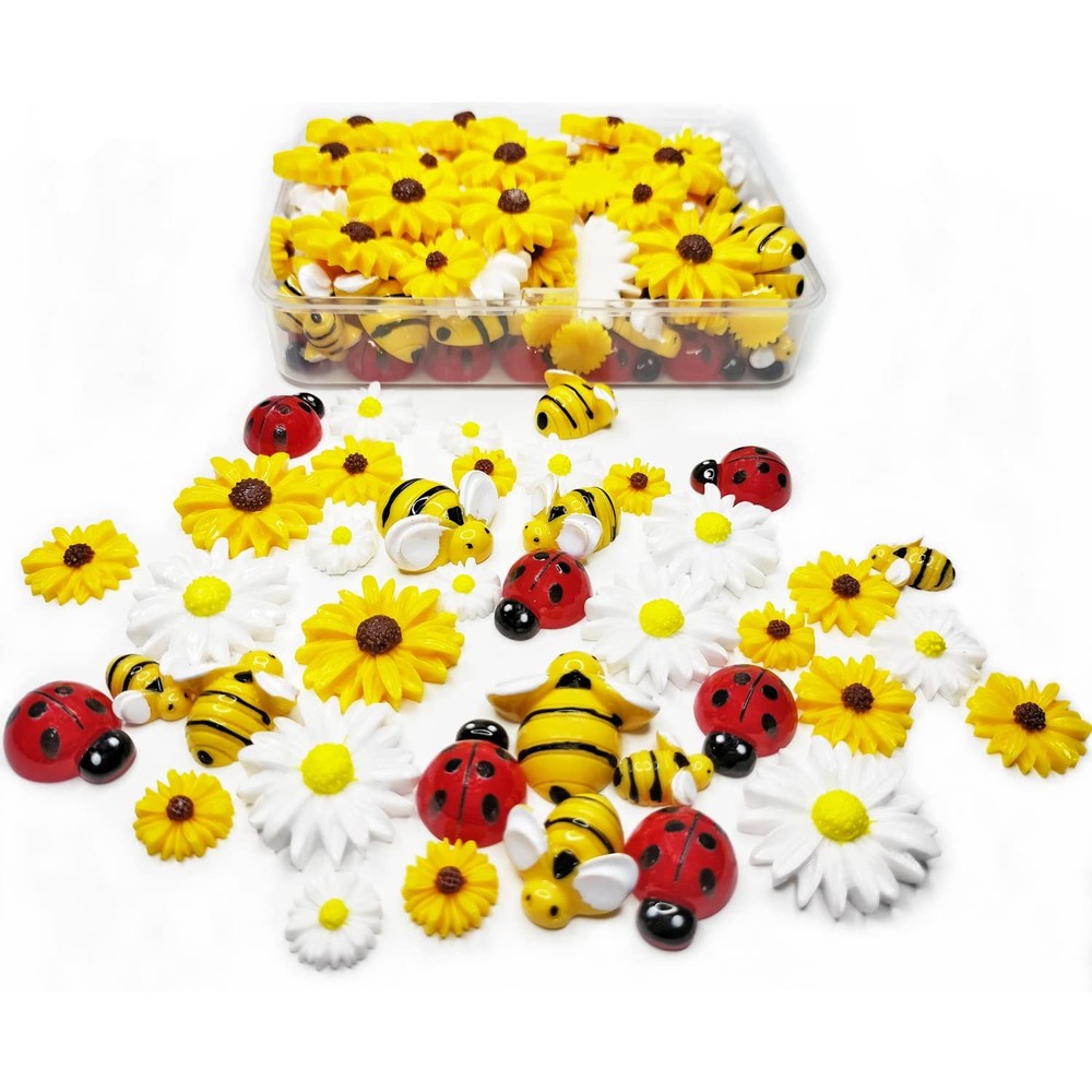 glacely 120pcs Mini Resin Bee Daisy Flowers Decor and Ladybugs Small,