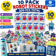 Bulk Robot Stickers 10 Pack 500 Waterproof Vinyl Decals Kids Reward Giveaway