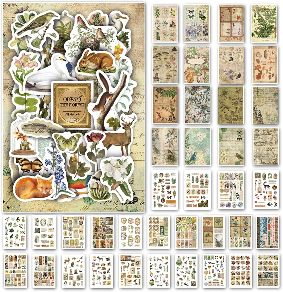 Vintage Aesthetic Washi Stickers and Papers for Scrapbooking, 40 Sheets Ephemera