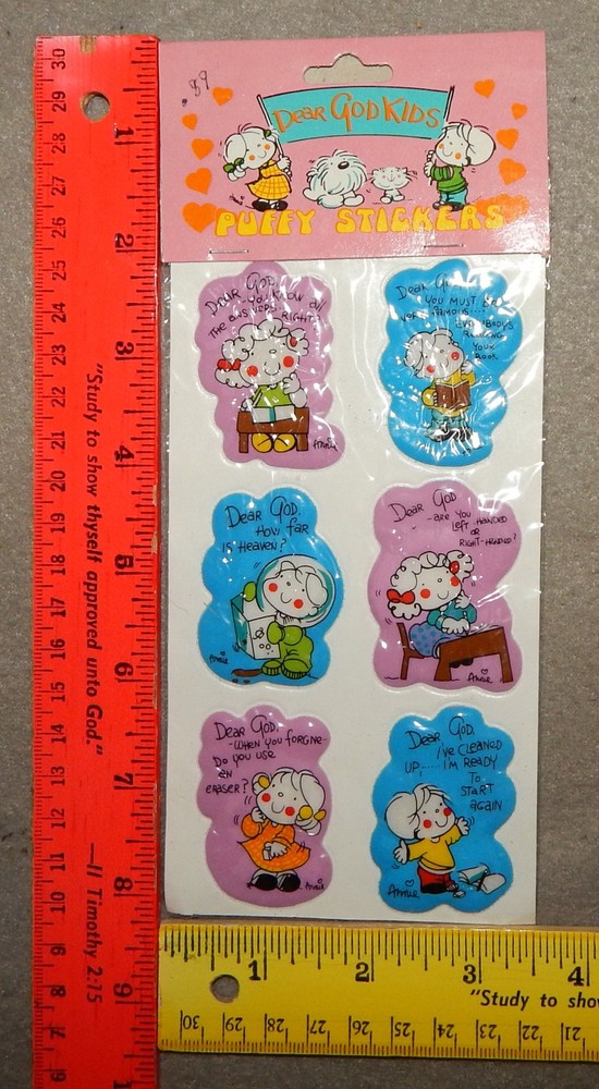 1 Pack Vintage Vinyl Dear God Kids Stickers (1 1/4″ x 2″) 6 Stickers, new