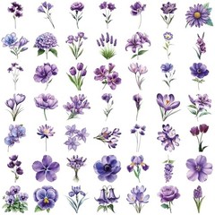 50pcs Transparent Flower Stickers,Purple Flower Sticker Waterproof PET Flowerp