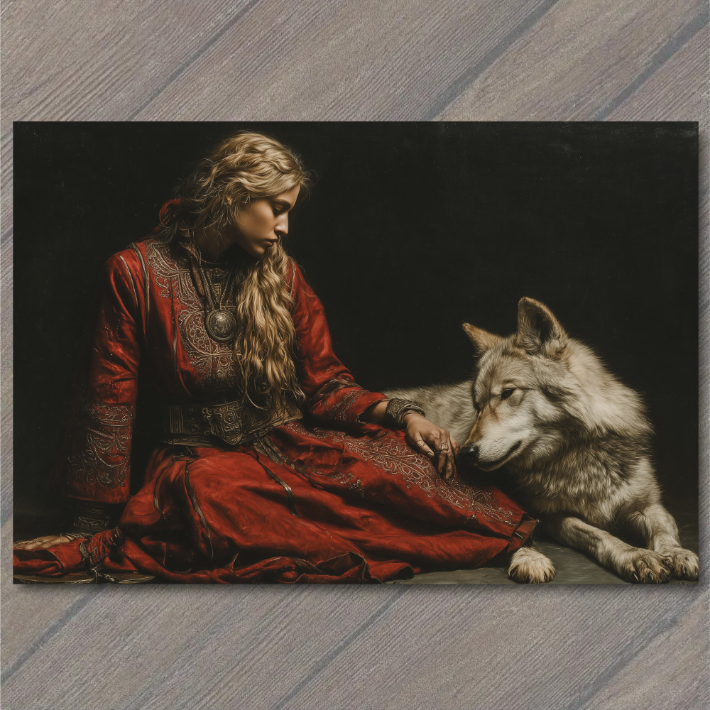 STICKER Woman Red Gown Long Hair Sitting Gray Wolf Moody Lighting Floor Black