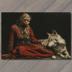 STICKER Woman Red Gown Long Hair Sitting Gray Wolf Moody Lighting Floor Black
