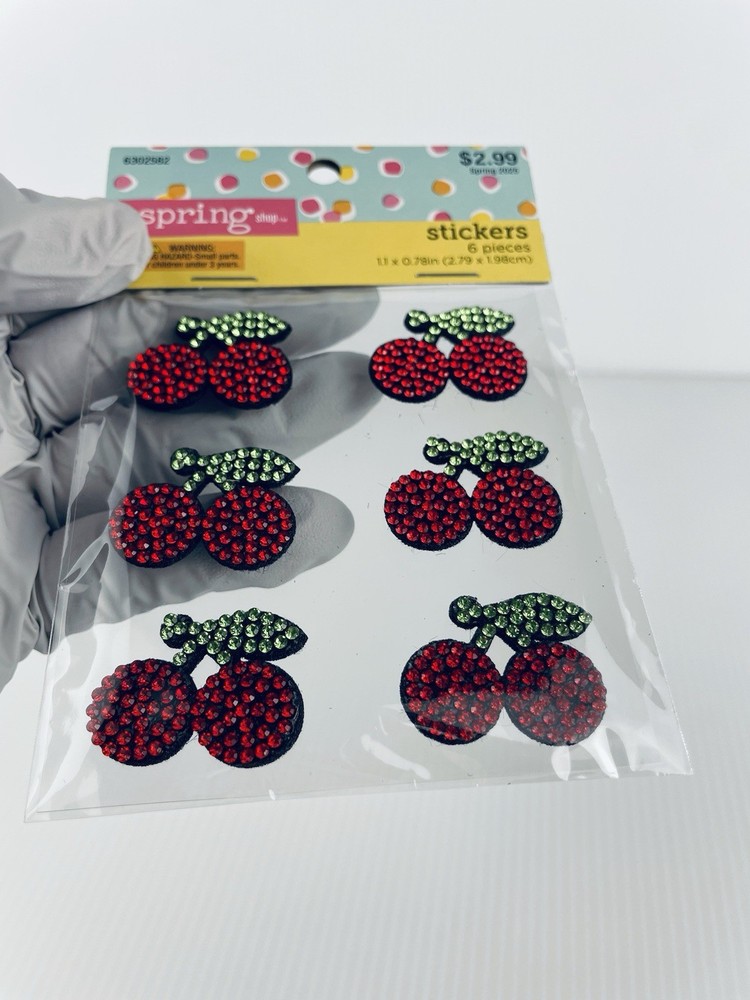 18 Rhinestone Cherry Pair Stickers (2 Cherries per Sticker) Red and Green Crafts