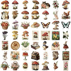 50PCS Vintage Mushroom Stickers PET Transparent Stickers Retro Flora and Fauna D
