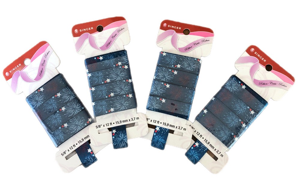 Lot of 4 Singer SATIN RIBBON 5/8″ x 12 Fireworks Stars Patriotic 4th of July