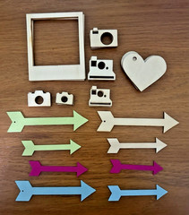 Wood embellishments- houses cameras words polaroid frames bubbles hearts crafts