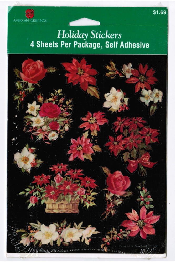 Vintage Holiday Christmas Poinsettia Rose Flower Stickers! 4 Sheets NEW in Pack