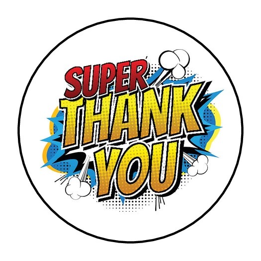 30 Super Hero Thank You Envelope Seals Labels Stickers 1.5″ Round pow bang favor